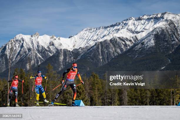 Vanessa Voigt of Germany in action during the Women 10 km Pursuit at the BMW IBU World Cup Biathlon on March 16, 2024 in Canmore, Canada.