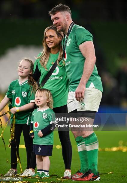 Dublin , Ireland - 16 March 2024; Ireland captain Peter O'Mahony with his wife Jessica Moloney and children Theo and Indie after the Guinness Six...