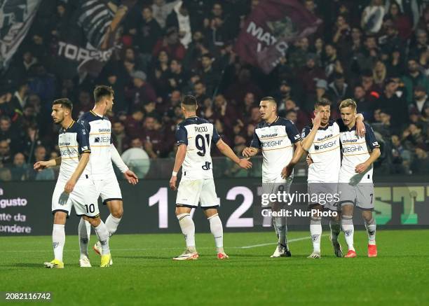 Nikola Krstovic of US Lecce is celebrating a goal during the Serie A TIM match between US Salernitana and US Lecce in Salerno, Italy, on March 16,...