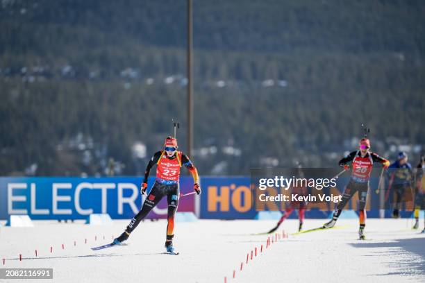 Vanessa Voigt of Germany in the finish during the Women 10 km Pursuit at the BMW IBU World Cup Biathlon on March 16, 2024 in Canmore, Canada.