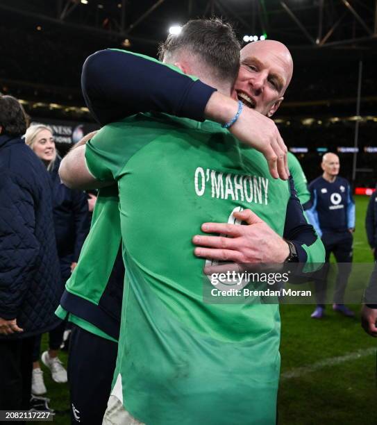 Dublin , Ireland - 16 March 2024; Ireland captain Peter O'Mahony is congratulated by Ireland forwards coach Paul O'Connell during the Guinness Six...