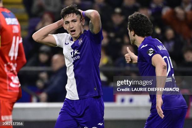 Anderlecht's Luis Vazquez looks dejected during a soccer match between RSC Anderlecht and KV Kortrijk, Saturday 16 March 2024 in Brussels, on the...