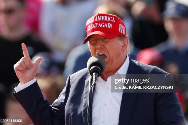 Former US President and Republican presidential candidate Donald Trump speaks during a Buckeye Values PAC Rally in Vandalia, Ohio, on March 16, 2024.