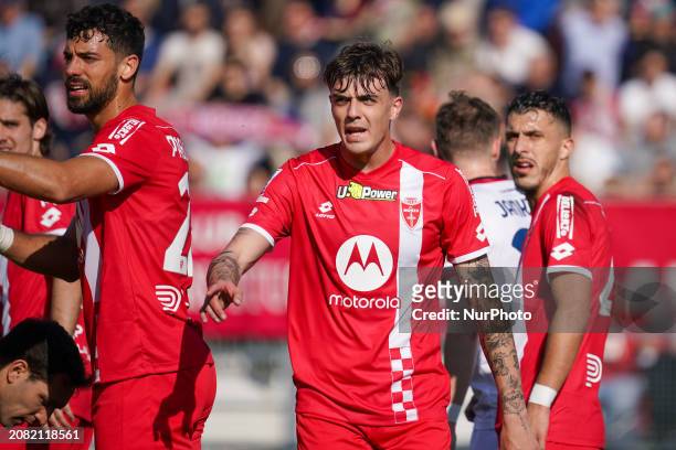 Daniel Maldini is playing for AC Monza against Cagliari Calcio in the Serie A match at U-Power Stadium in Monza, Italy, on March 16, 2023.