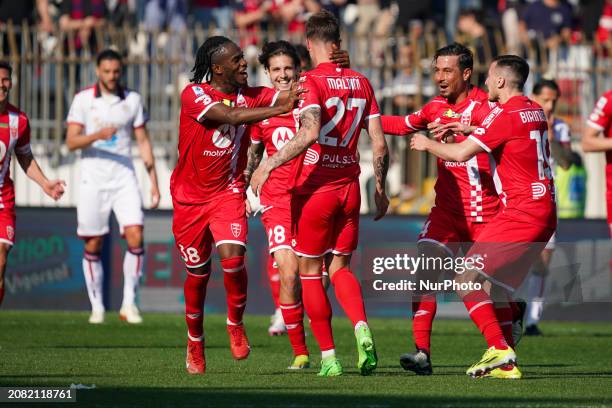 Daniel Maldini is celebrating the goal with his teammates during the AC Monza vs Cagliari Calcio Serie A match at U-Power Stadium in Monza, Italy, on...