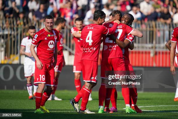 Daniel Maldini is celebrating the goal with his teammates during the AC Monza vs Cagliari Calcio Serie A match at U-Power Stadium in Monza, Italy, on...