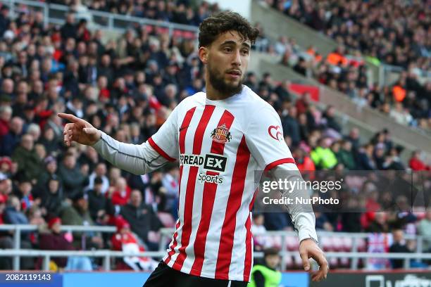 Adil Aouchiche of Sunderland is playing in the Sky Bet Championship match between Sunderland and Queens Park Rangers at the Stadium Of Light in...