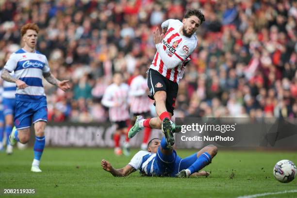 Adil Aouchiche of Sunderland is shooting at goal during the Sky Bet Championship match between Sunderland and Queens Park Rangers at the Stadium of...