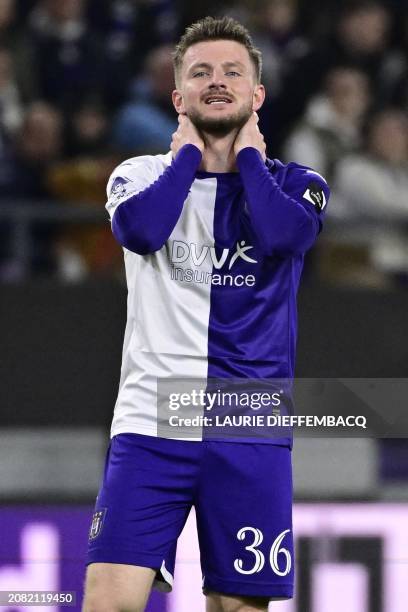 Anderlecht's Anders Dreyer looks dejected during a soccer match between RSC Anderlecht and KV Kortrijk, Saturday 16 March 2024 in Brussels, on the...