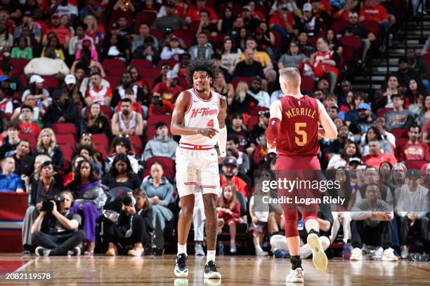 Jalen Green of the Houston Rockets looks on during the game against the Cleveland Cavaliers on March 16, 2023 at the Toyota Center in Houston, Texas....