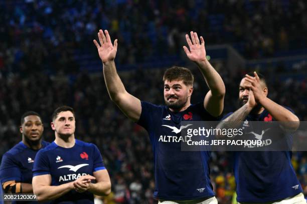 France's number 8 Gregory Alldritt and France's prop Uini Atonio celebrate the victory at the end of the Six Nations international rugby union match...