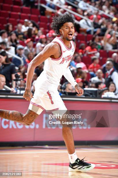 Jalen Green of the Houston Rockets smiles during the game against the Cleveland Cavaliers on March 16, 2023 at the Toyota Center in Houston, Texas....