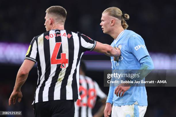 Sven Botman of Newcastle United marks Erling Haaland of Manchester City during the Emirates FA Cup Quarter Final match between Manchester City and...