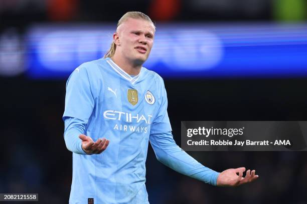 Erling Haaland of Manchester City react/s during the Emirates FA Cup Quarter Final match between Manchester City and Newcastle United at Etihad...