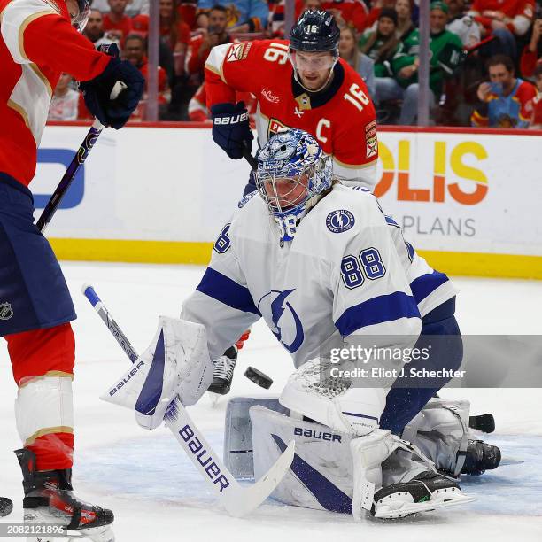 Goaltender Andrei Vasilevskiy of the Tampa Bay Lightning defends the net during first period action against the Florida Panthers at the Amerant Bank...