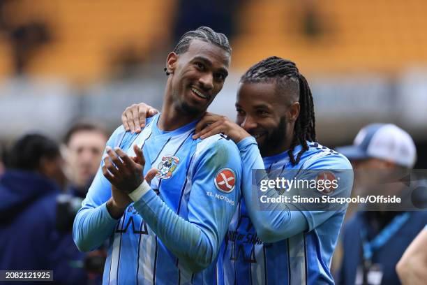 Kasey Palmer of Coventry City celebrates victory with Haji Wright of Coventry City after the Emirates FA Cup Quarter-final match between...