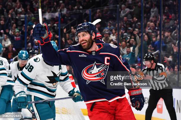 Boone Jenner of the Columbus Blue Jackets reacts after scoring a goal during the first period of a game against the San Jose Sharks at Nationwide...