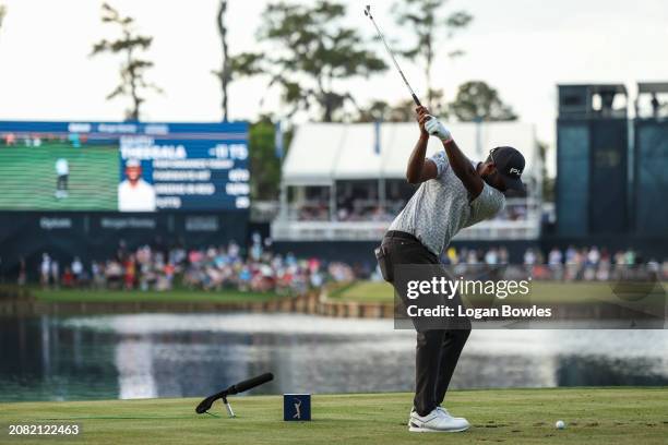 Sahith Theegala plays a shot on the 17th tee during the third round of THE PLAYERS Championship at Stadium Course at TPC Sawgrass on March 16, 2024...