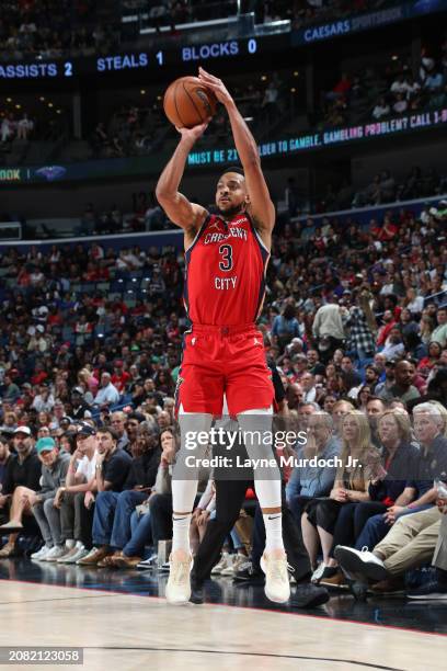 McCollum of the New Orleans Pelicans shoots the ball during the game against the Portland Trail Blazers on March 16, 2024 at the Smoothie King Center...