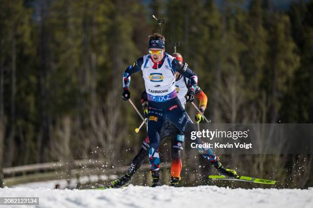 Tarjei Boe of Norway in action during the Men 12.5 km Pursuit at the BMW IBU World Cup Biathlon on March 16, 2024 in Canmore, Canada.