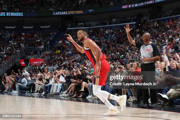 McCollum of the New Orleans Pelicans celebrates during the game against the Portland Trail Blazers on March 16, 2024 at the Smoothie King Center in...