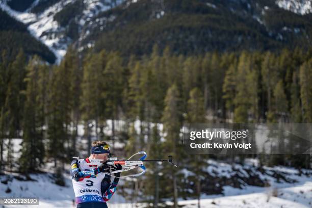 Tarjei Boe of Norway at the shooting range during the Men 12.5 km Pursuit at the BMW IBU World Cup Biathlon on March 16, 2024 in Canmore, Canada.