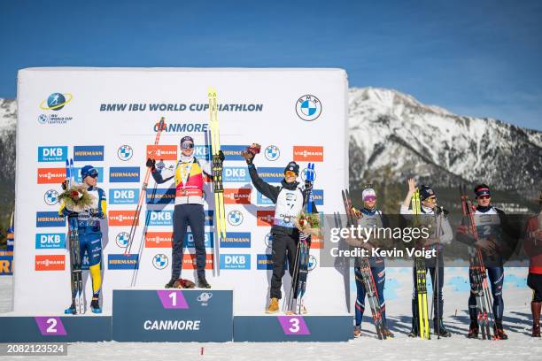 Sebastian Samuelsson of Sweden, Johannes Thingnes Boe of Norway, Eric Perrot of France, Emilien Jacquelin of France, Tarjei Boe of Norway and Tommaso...