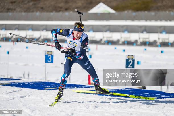 Tarjei Boe of Norway at the last shooting during the Men 12.5 km Pursuit at the BMW IBU World Cup Biathlon on March 16, 2024 in Canmore, Canada.