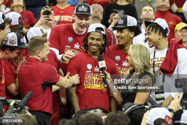 Most Outstanding Player Iowa State Cyclones guard Keshon Gilbert is all smiles on the podium after winning the Big 12 tournament final against the...
