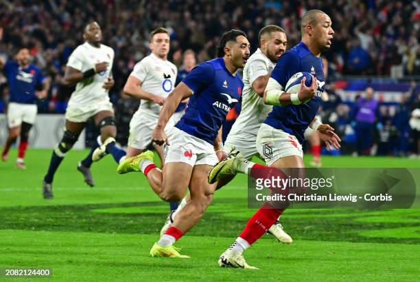 Gael Fickou of France in action during the Guinness Six Nations 2024 match between France and England at on March 16, 2024 in Lyon, France.