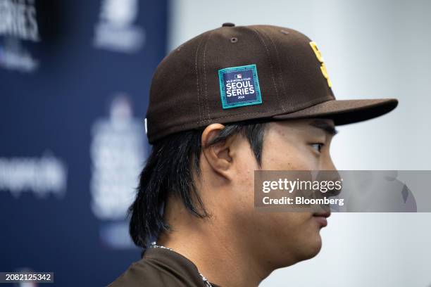 Ha-Seong Kim, baseball player of the San Diego Padres team, looks on during the news conference of the 2024 Seoul Series Workout Day at Gocheok Sky...