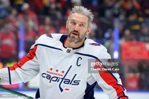 Alex Ovechkin of the Washington Capitals warms up prior to their NHL game against the Vancouver Canucks at Rogers Arena on March 16, 2024 in...