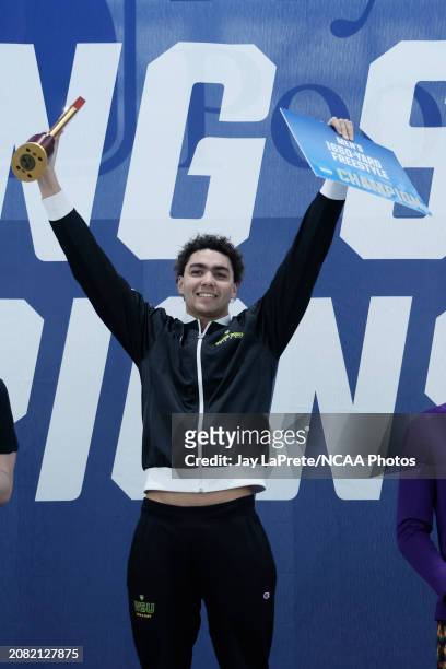 Mohamed Ben Ajmia of the Wayne State Warriors celebrates his win in the 1650 yard freestyle during the Division II Swimming and Diving Championships...