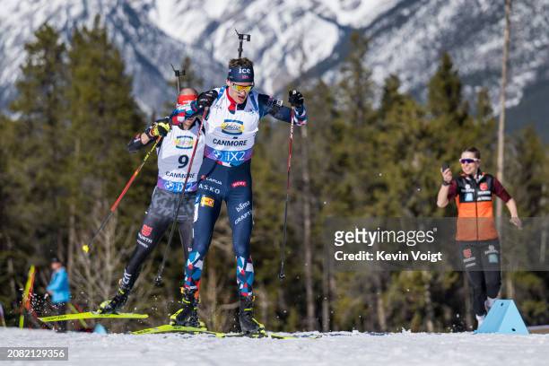 Tarjei Boe of Norway in action during the Men 12.5 km Pursuit at the BMW IBU World Cup Biathlon on March 16, 2024 in Canmore, Canada.
