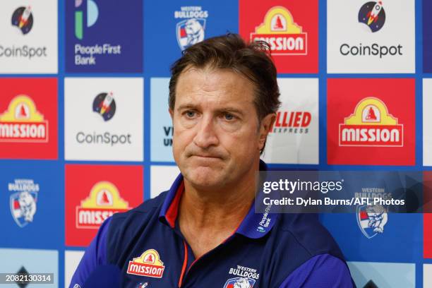 Luke Beveridge, Senior Coach of the Bulldogs speaks to the media during the 2024 AFL Round 01 match between the Melbourne Demons and the Western...