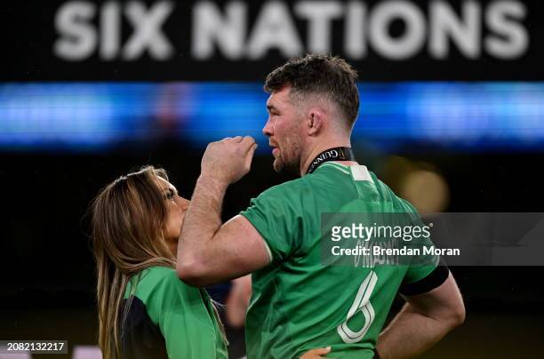 Dublin , Ireland - 16 March 2024; Ireland captain Peter O'Mahony with his wife Jessica Moloney after the Guinness Six Nations Rugby Championship...