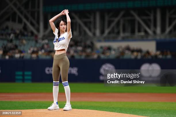 Jeon Jong-Seo throws out the ceremonial first pitch prior to the 2024 Seoul Series game between the Los Angeles Dodgers and the Kiwoom Heroes at...