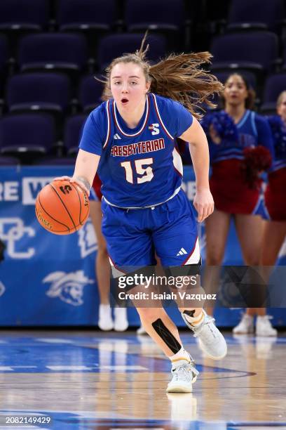 Paige Kindseth of the Presbyterian Blue Hose dribbles against the Radford Highlanders during the Big South Women's Basketball Championship at High...