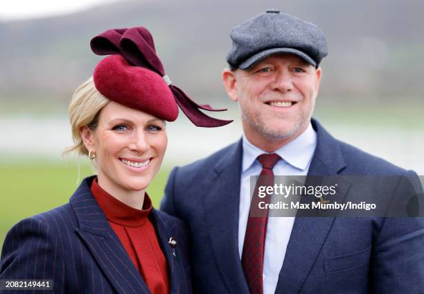 Zara Tindall and Mike Tindall attend day 2 'Style Wednesday' of the Cheltenham Festival at Cheltenham Racecourse on March 13, 2024 in Cheltenham,...