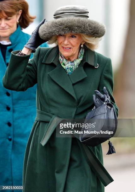 Queen Camilla attends day 2 'Style Wednesday' of the Cheltenham Festival at Cheltenham Racecourse on March 13, 2024 in Cheltenham, England. This year...
