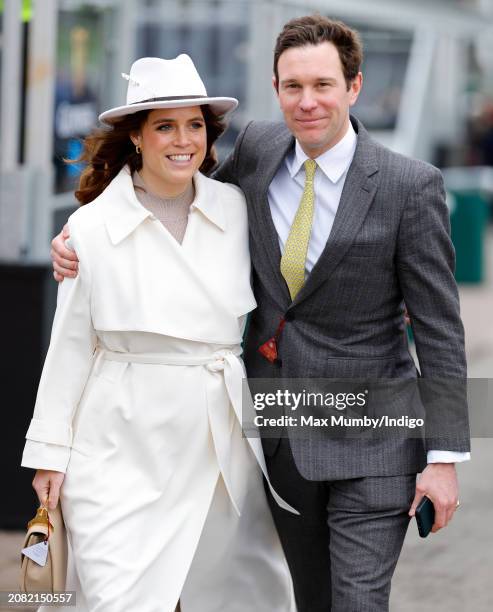 Princess Eugenie and Jack Brooksbank attend day 2 'Style Wednesday' of the Cheltenham Festival at Cheltenham Racecourse on March 13, 2024 in...