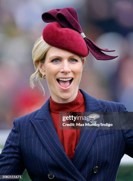 Zara Tindall attends day 2 'Style Wednesday' of the Cheltenham Festival at Cheltenham Racecourse on March 13, 2024 in Cheltenham, England. This year...