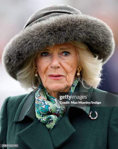 Queen Camilla attends day 2 'Style Wednesday' of the Cheltenham Festival at Cheltenham Racecourse on March 13, 2024 in Cheltenham, England. This year...