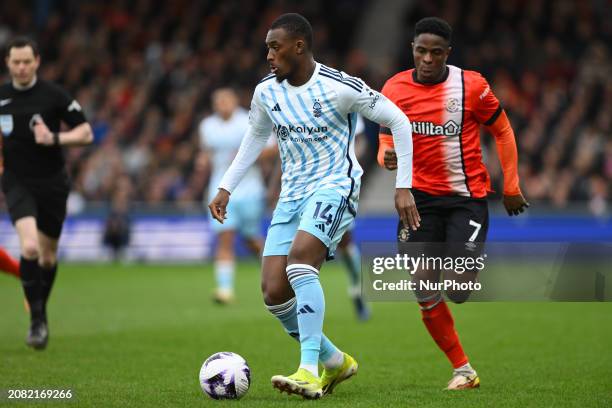 Callum Hudson-Odoi of Nottingham Forest is playing in the Premier League match between Luton Town and Nottingham Forest at Kenilworth Road in Luton,...