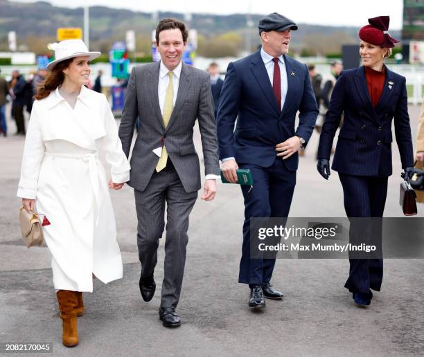 Princess Eugenie, Jack Brooksbank, Mike Tindall and Zara Tindall attend day 2 'Style Wednesday' of the Cheltenham Festival at Cheltenham Racecourse...