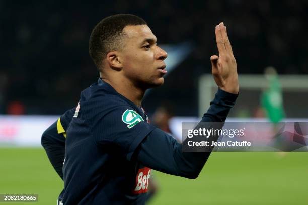 Kylian Mbappe of PSG celebrates his goal during the French Cup quarterfinal match between Paris Saint-Germain and OGC Nice at Parc des Princes...