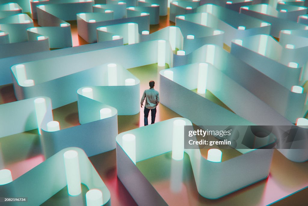 Man walking in abstract maze