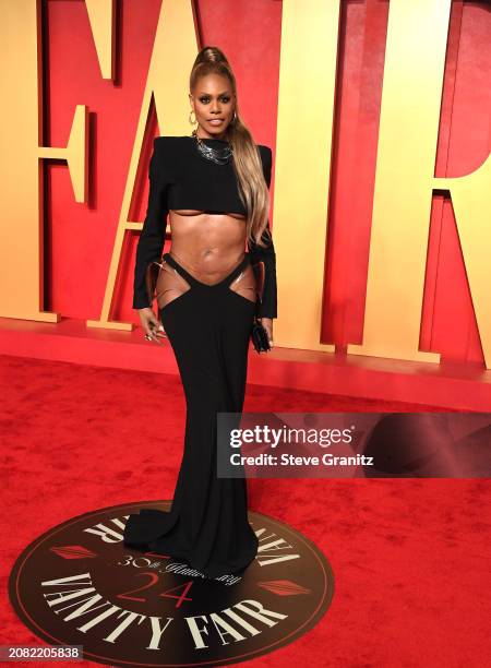 Laverne Cox arrives at the 2024 Vanity Fair Oscar Party Hosted By Radhika Jones at Wallis Annenberg Center for the Performing Arts on March 10, 2024...