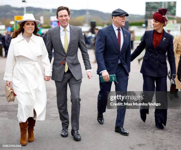 Princess Eugenie, Jack Brooksbank, Mike Tindall and Zara Tindall attend day 2 'Style Wednesday' of the Cheltenham Festival at Cheltenham Racecourse...