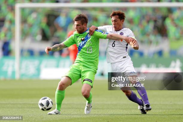 Alen Stevanovic of Shonan Bellmare controls the ball against Toshihiro Aoyama of Sanfrecce Hiroshima during the J.League J1 match between Shonan...